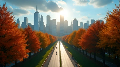 Winding Pathway Through Vibrant Trees to City Skyline