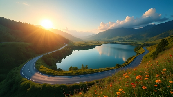 Winding Road Along Serene Lake Landscape