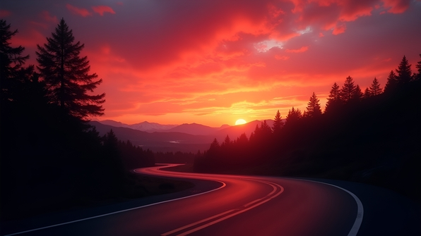 Silhouette of a winding road at sunset with dark trees lining the horizon under a vibrant orange and pink sky