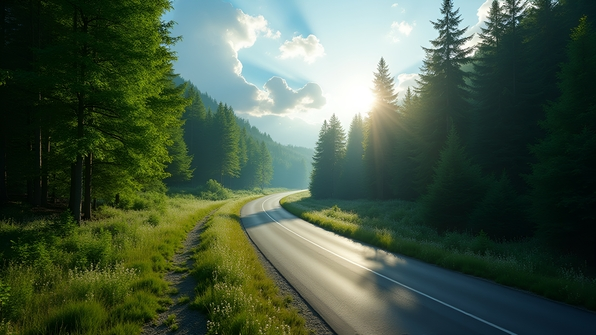 A winding road through lush green trees under a bright blue sky with soft sunlight filtering through the leaves