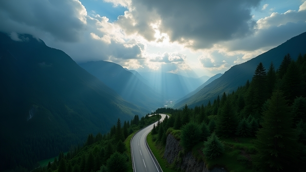 Time-lapse of winding road through lush mountain landscape under shifting skies