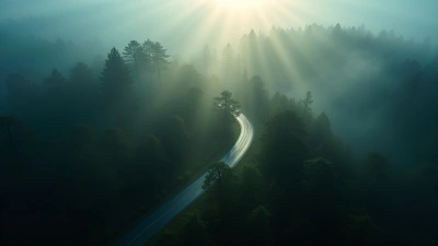 Winding Road Through Misty Forest Trees
