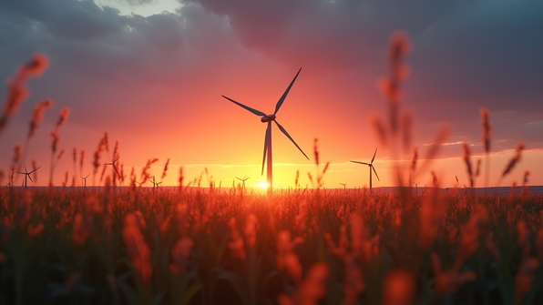 Windmill Silhouette At Sunset Over Rural Landscape