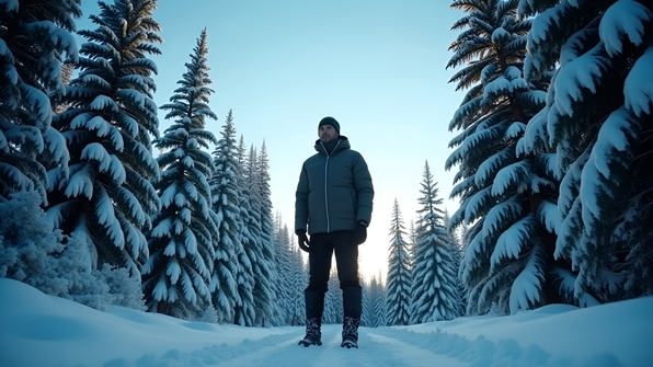 A man in winter clothing stands next to snow-covered evergreen trees under a clear blue sky