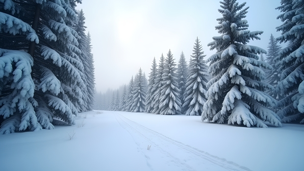A tranquil winter forest with snow covered pine trees under an overcast sky