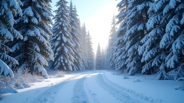 Winter forest with snow covered tall trees under a clear pale blue sky