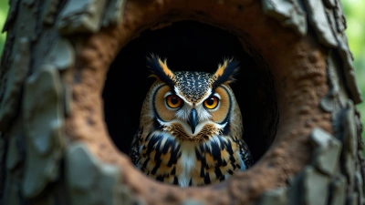 Wise Owl Close-Up Peeking From Tree Hole
