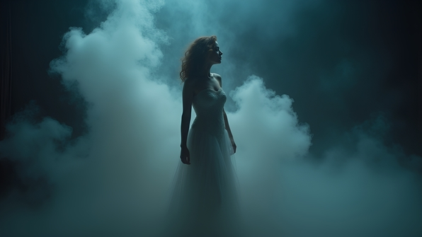 A woman standing gracefully beside swirling white smoke in a dark, mysterious environment with soft lighting