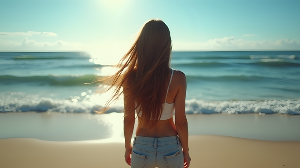 Woman With Flowing Hair On Sandy Beach