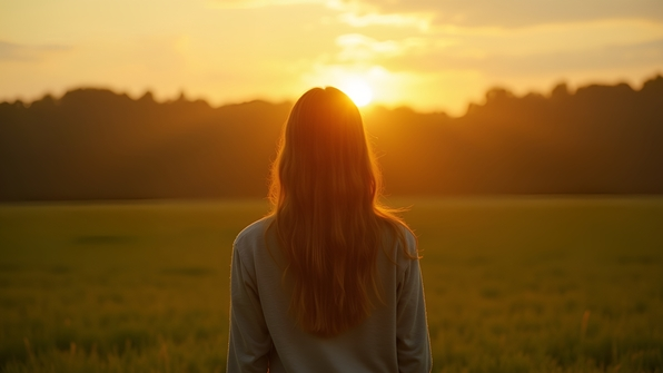 A woman in a gray long-sleeve shirt stands on a lush green grass field at sunset with warm golden light