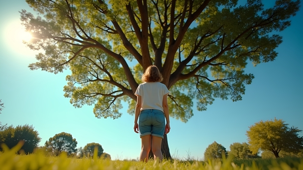 A woman outdoors near a large leafy tree under bright sunlight and clear blue sky