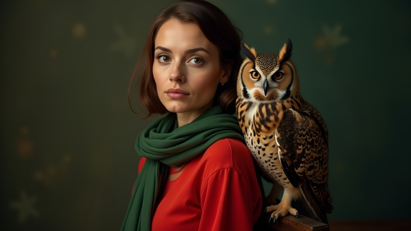 Portrait of a woman in a red dress with a majestic owl perched on her shoulder