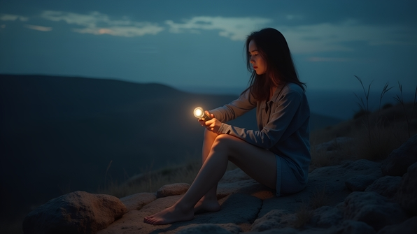 A woman sitting on a rugged rock at dusk holding a glowing flashlight illuminating her thoughtful expression in a natural outdoor setting