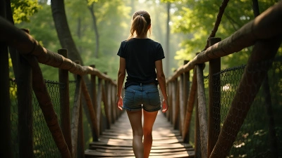 Woman Walking Across Rustic Hanging Bridge