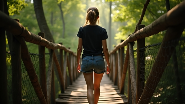 A woman walking across a rustic hanging bridge surrounded by lush green forest