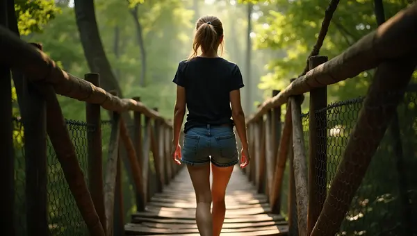 Woman Walking Across Rustic Hanging Bridge