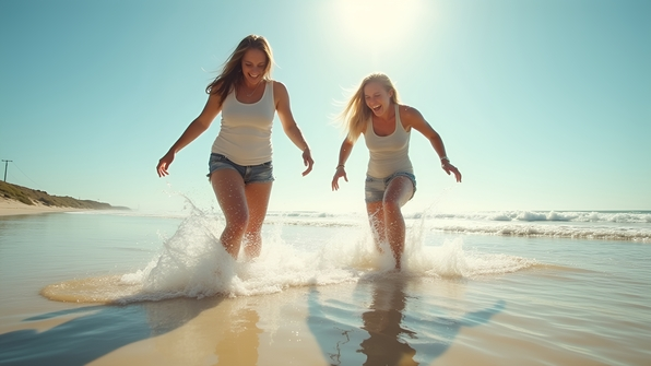 Two women playing and splashing water on a sunny sandy beach with gentle waves and a clear blue sky