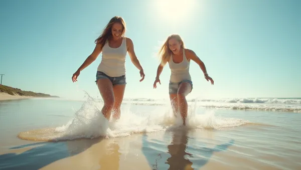 Women Playing And Splashing Water On Sunny Beach
