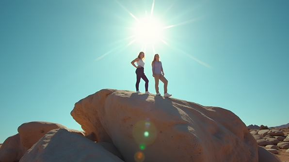 Two women confidently posing on rugged rock formation outdoors under bright daylight