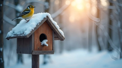 Wooden Birdhouse in Snow With Colorful Bird