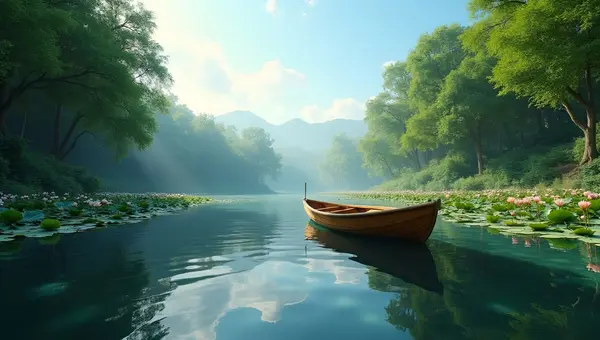 Wooden Boat Floating On Calm Lake