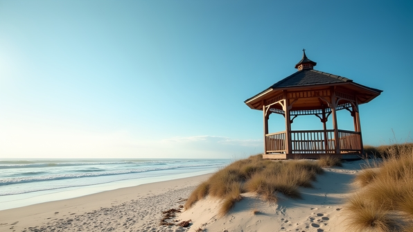 Wooden gazebo overlooking a sandy beach with gentle waves and a clear blue sky