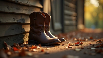 Worn Brown Leather Cowboy Boots On Rustic Ground