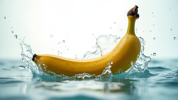 Yellow Banana Splashing Into Clear Water
