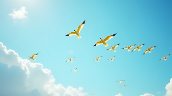 A vibrant flock of yellow birds soaring gracefully across a clear blue sky with soft white clouds