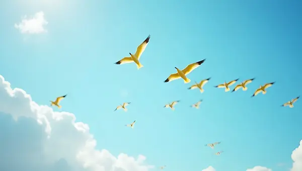 Yellow Birds Flock Soaring In Blue Sky