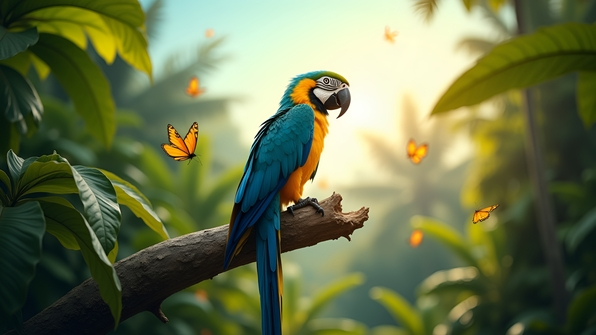 A yellow blue macaw perched on a tropical branch surrounded by lush green foliage and a clear blue sky