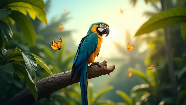 Yellow Blue Macaw Perched On Tropical Branch
