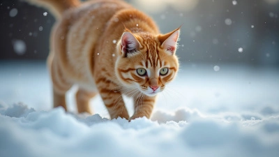 Yellow Cat Walking On White Snow