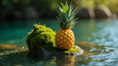 Yellow Green Pineapple On Mossy Rock
