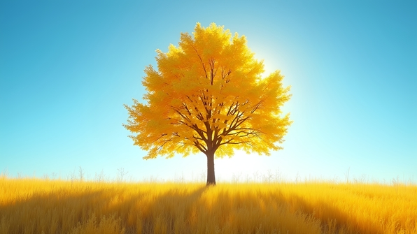 A yellow-leaved tree stands alone in a sunlit meadow under a clear blue sky