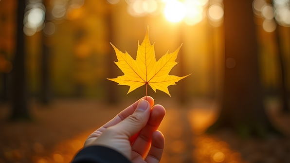 Close-up of a hand gently holding a vibrant yellow maple leaf