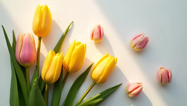 Yellow And Pink Tulip Blossoms On White Background