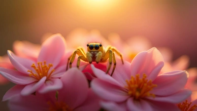 Yellow Spider on Pink Flowers Close-Up