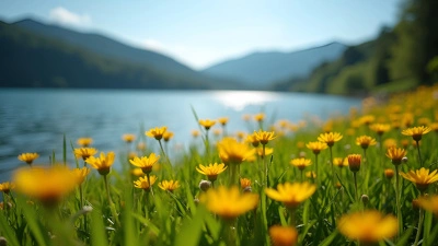 Yellow Wildflowers Scattered Across Green Grass Near Lake