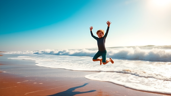 Young boy jumping on sunny shore wearing a colorful wetsuit