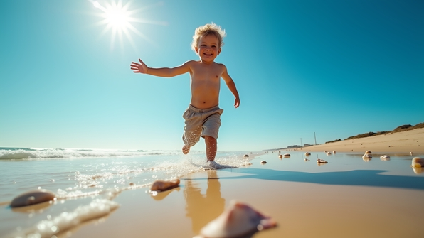 Young boy playing joyfully on sandy beach shoreline under clear bright blue sky with gentle ocean waves
