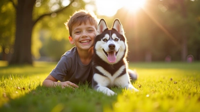 Young Boy Smiling With Friendly Husky Dog