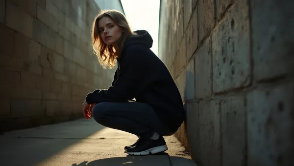 Young Woman In Black Hoodie Crouching Outdoors