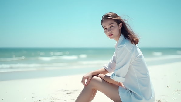 Young woman wearing a white shirt seated on pristine white sand with clear blue skies and gentle ocean waves in the background