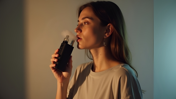 Young woman vaping with box mod device in a crew neck shirt against neutral background
