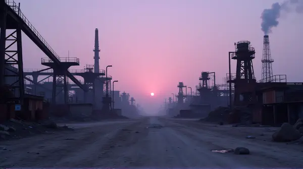 Rusty machinery scattered across barren ground under a purple dusk sky with soft shadows from a low angle.