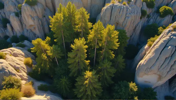 Aerial Shot Of Tall Trees And Rugged Hills