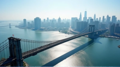 Aerial View Of Arching Bridge And Urban Skyline