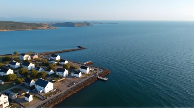 Aerial View Clustered Homes Near Expansive Water
