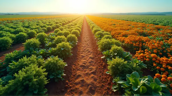 Overhead view of vibrant foliage mixed with earthy soil textures forming intricate patterns under a clear sky